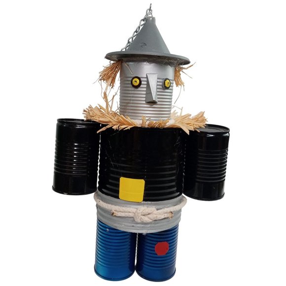 Folk Art Tin Man Scarecrow Sculpture Wizard Of Oz SHORT Recycled Robot Vintage 1 - Picture 1 of 15